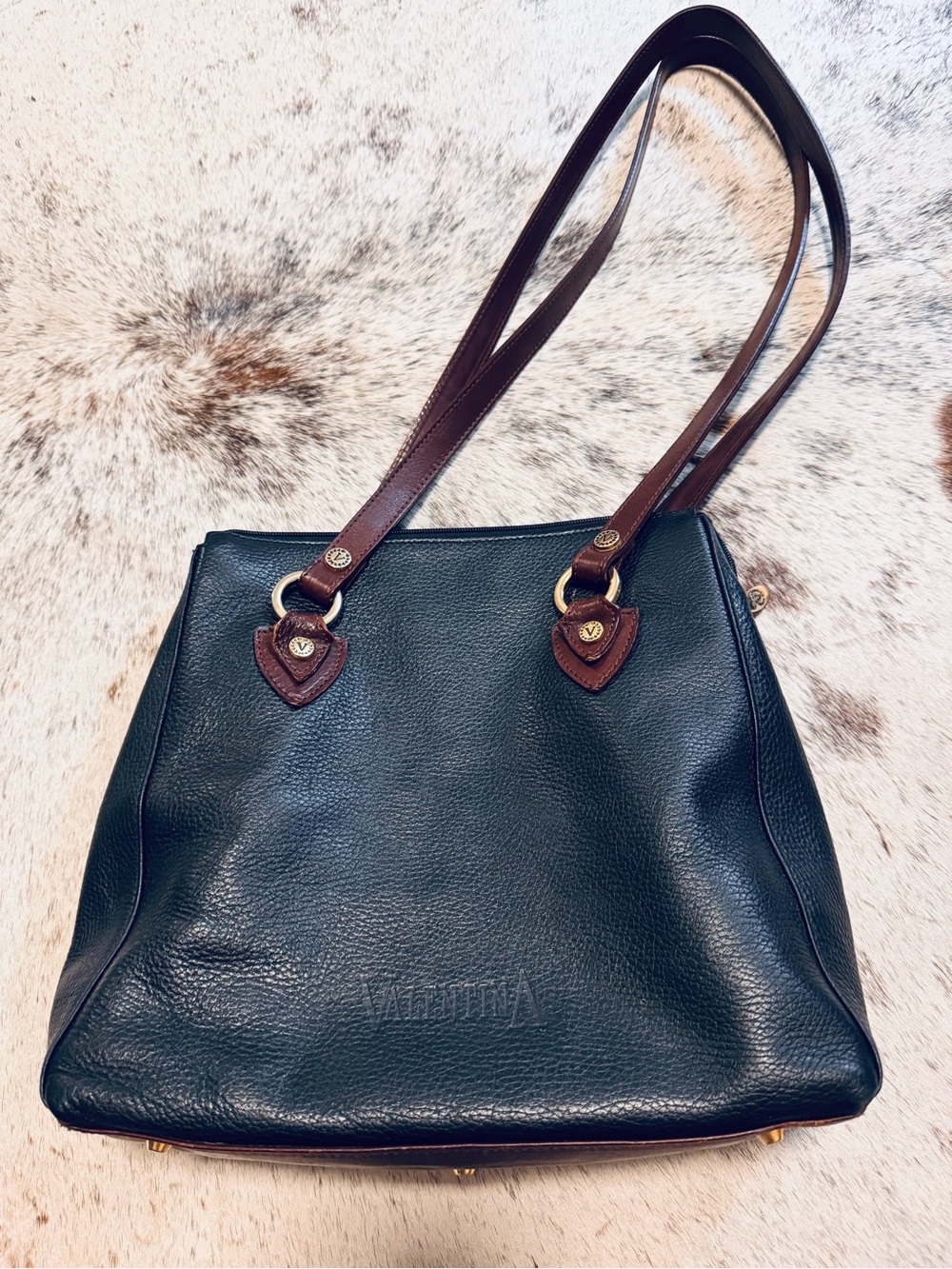 Vintage Valentina Black Leather Tote Bag with Brown Accents